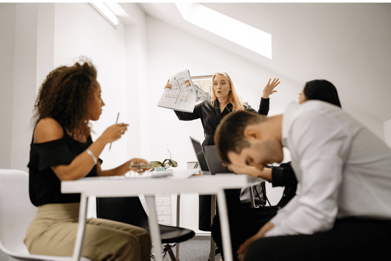 Team collaborating in a bright office meeting