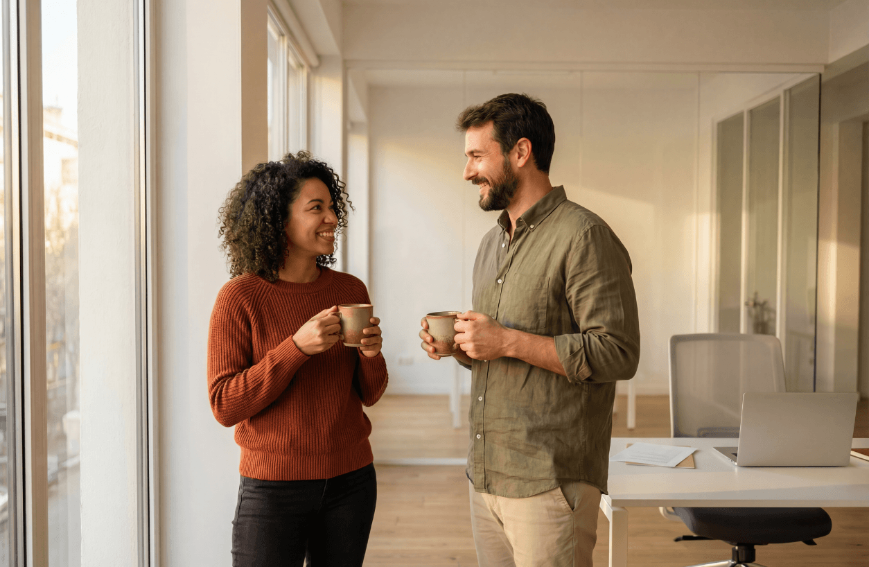 Team members having a conversation over coffee